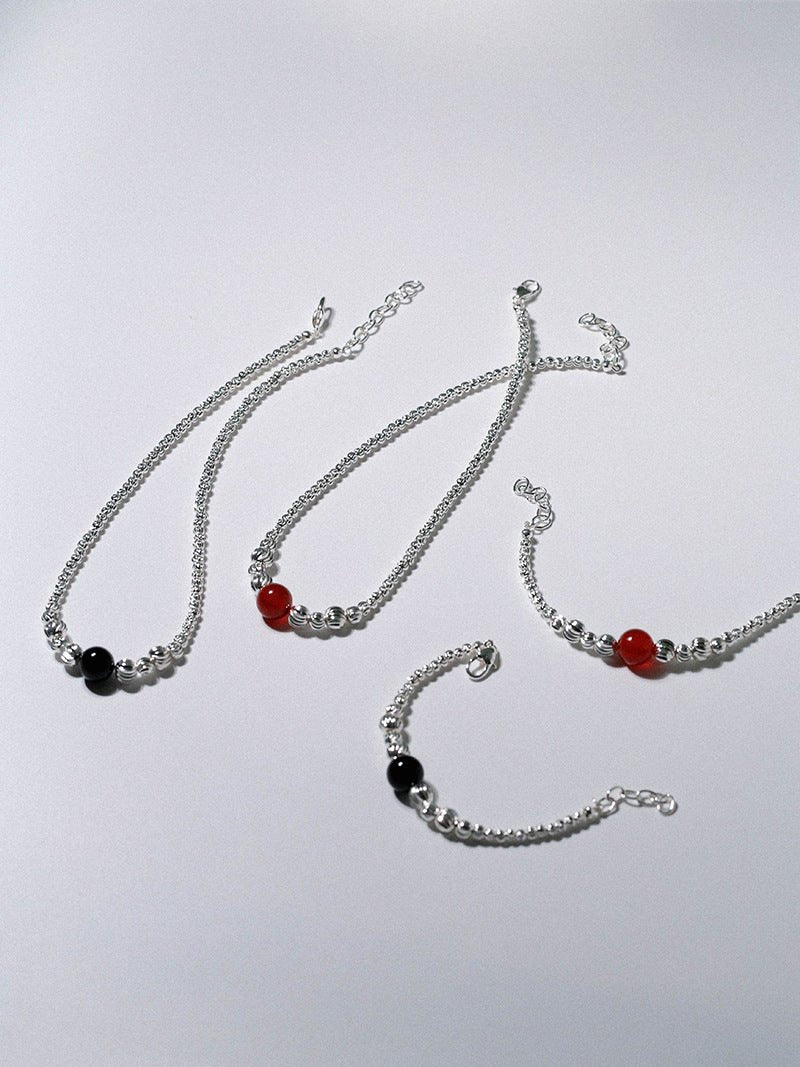 Graduated Silver Bean Red Black Agate Bracelet-Gembea jewelry