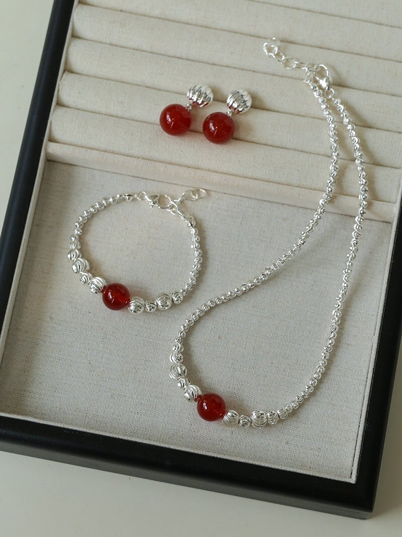 Graduated Silver Bean Red Black Agate Necklace-Gembea Jewelry