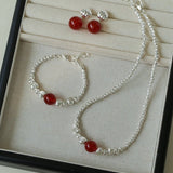 Graduated Silver Bean Red Black Agate Necklace-Gembea Jewelry