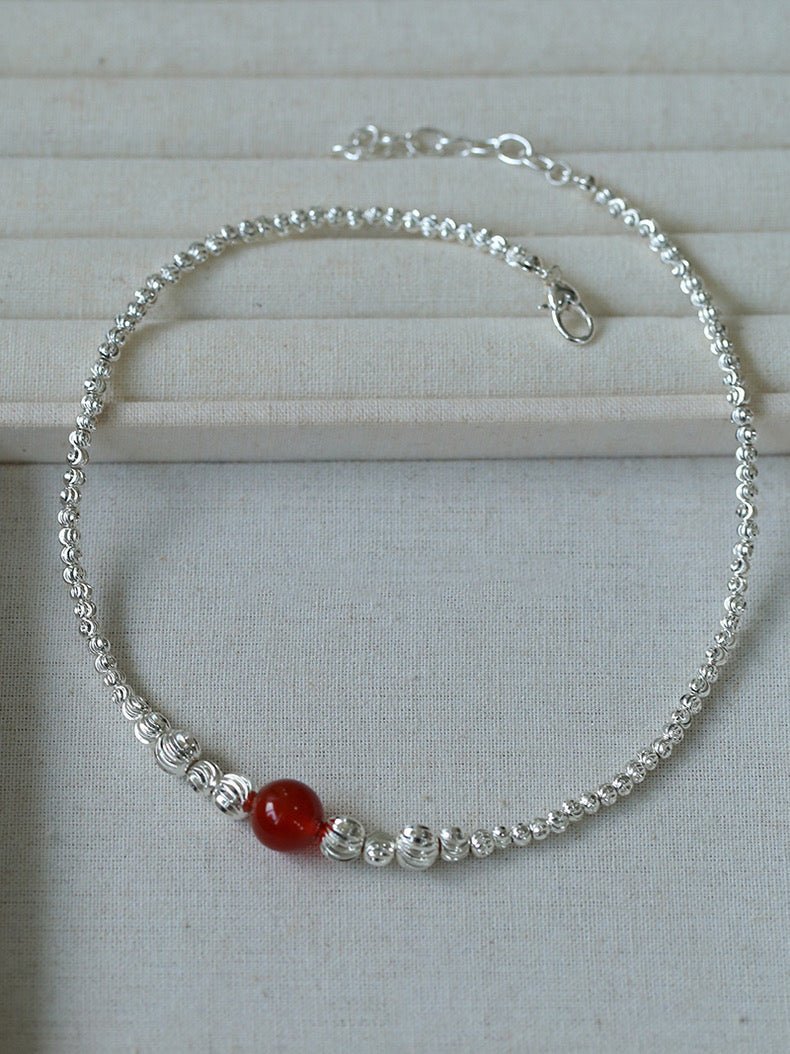 Graduated Silver Bean Red Black Agate Necklace-Gembea Jewelry