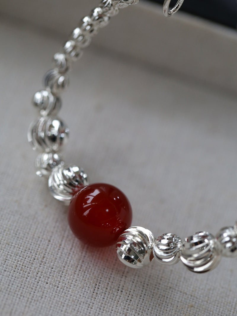Graduated Silver Bean Red Black Agate Necklace-Gembea Jewelry