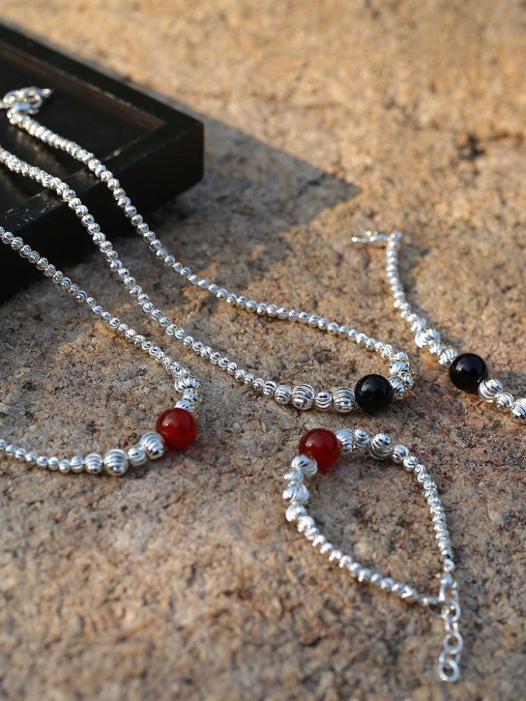 Graduated Silver Bean Red Black Agate Necklace-Gembea Jewelry