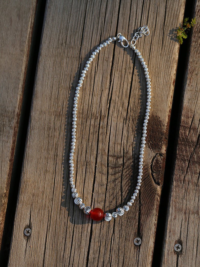 Graduated Silver Bean Red Black Agate Necklace-Gembea Jewelry