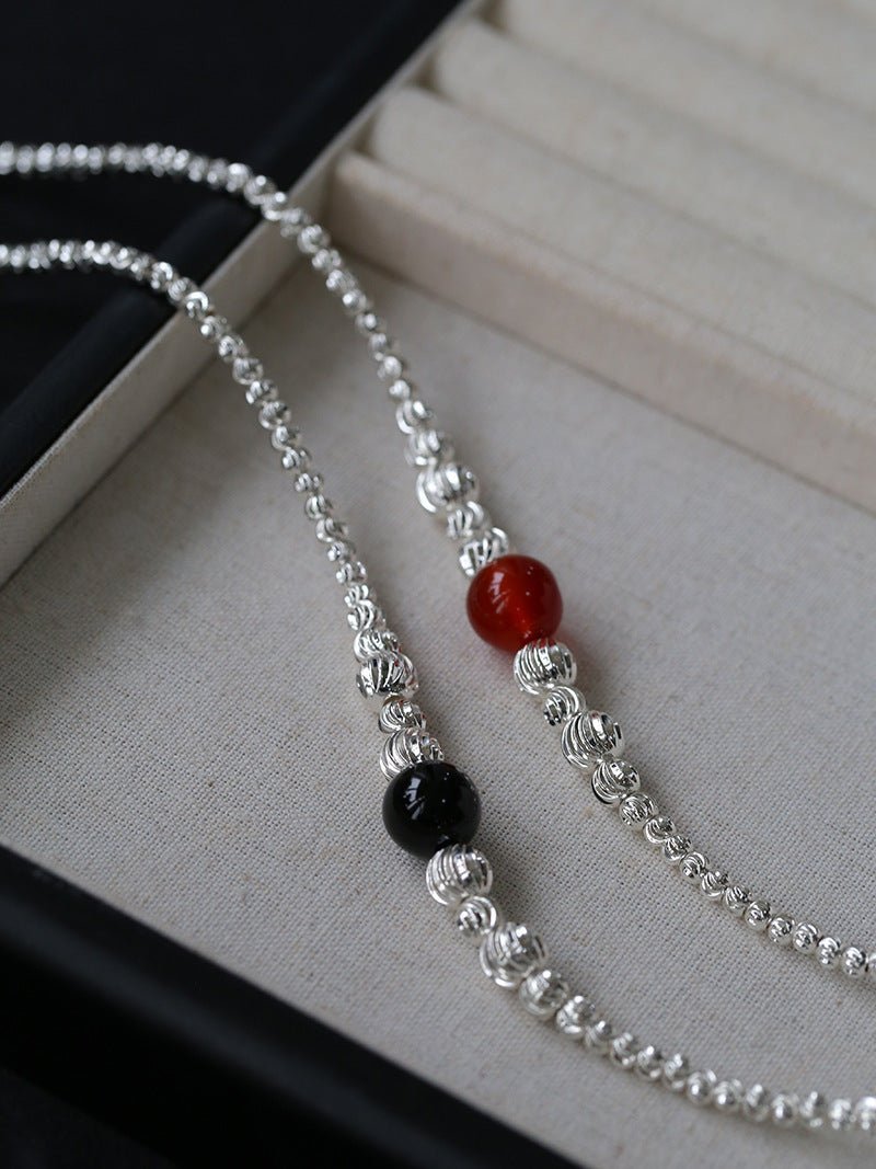Graduated Silver Bean Red Black Agate Necklace-Gembea Jewelry