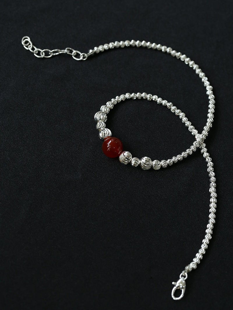 Graduated Silver Bean Red Black Agate Necklace-Gembea Jewelry