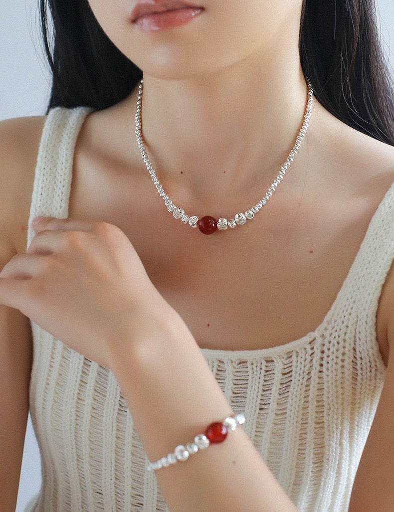 Graduated Silver Bean Red Black Agate Necklace-Gembea Jewelry
