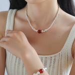 Graduated Silver Bean Red Black Agate Necklace-Gembea Jewelry