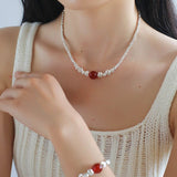 Graduated Silver Bean Red Black Agate Necklace-Gembea Jewelry