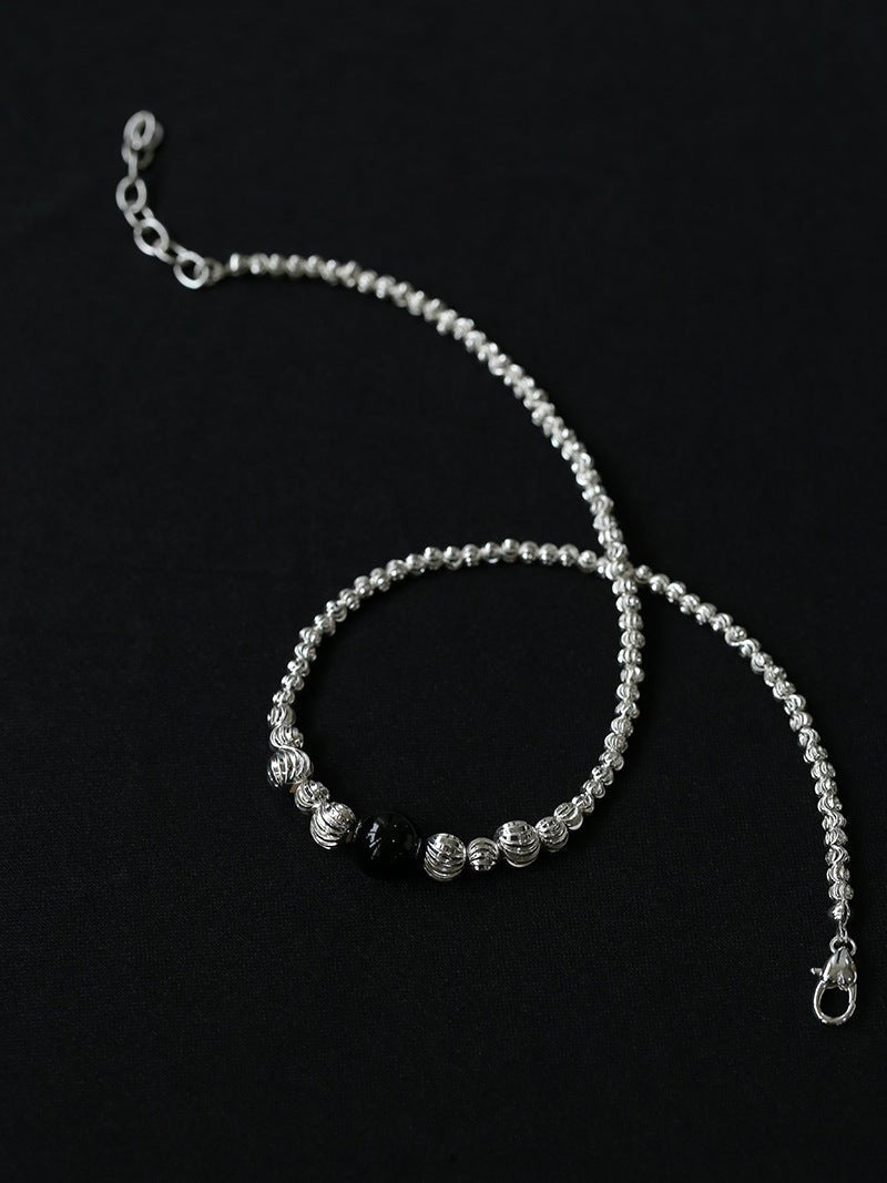 Graduated Silver Bean Red Black Agate Necklace-Gembea Jewelry