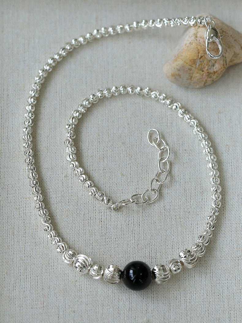 Graduated Silver Bean Red Black Agate Necklace-Gembea Jewelry