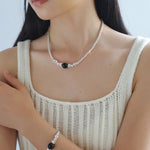 Graduated Silver Bean Red Black Agate Necklace-Gembea Jewelry