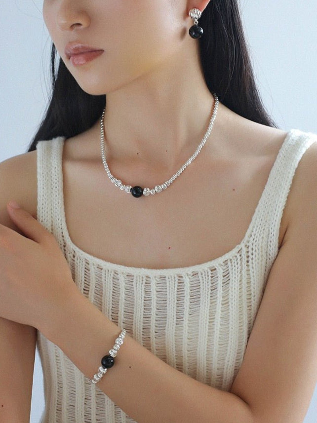 Graduated Silver Bean Red Black Agate Necklace-Gembea Jewelry
