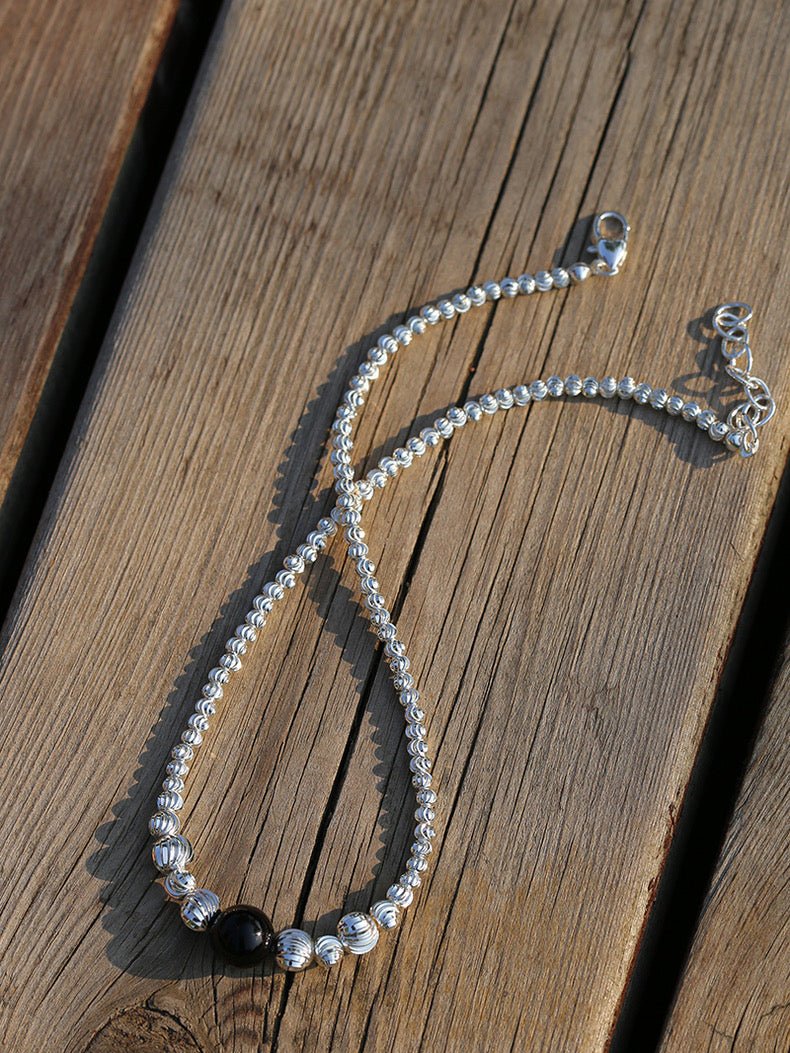 Graduated Silver Bean Red Black Agate Necklace-Gembea Jewelry