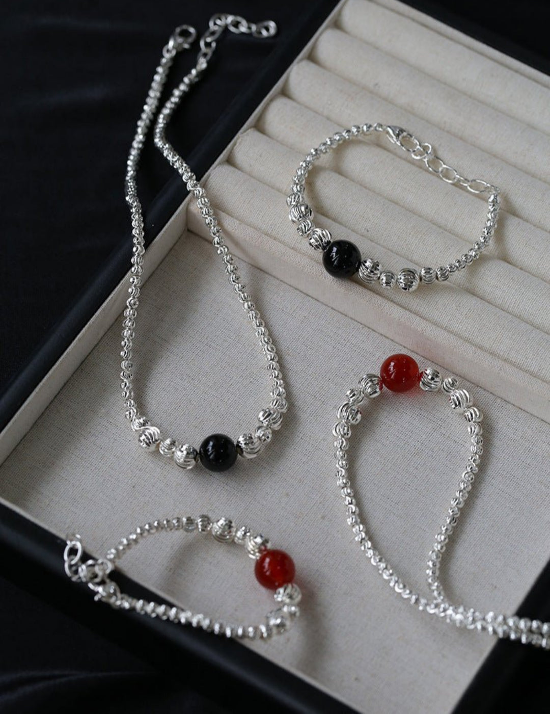 Graduated Silver Bean Red Black Agate Necklace-Gembea Jewelry