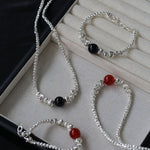 Graduated Silver Bean Red Black Agate Necklace-Gembea Jewelry