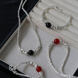 Graduated Silver Bean Red Black Agate Necklace-Gembea Jewelry