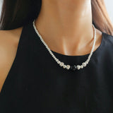 Graduated Silver Bean Red Black Agate Necklace-Gembea Jewelry