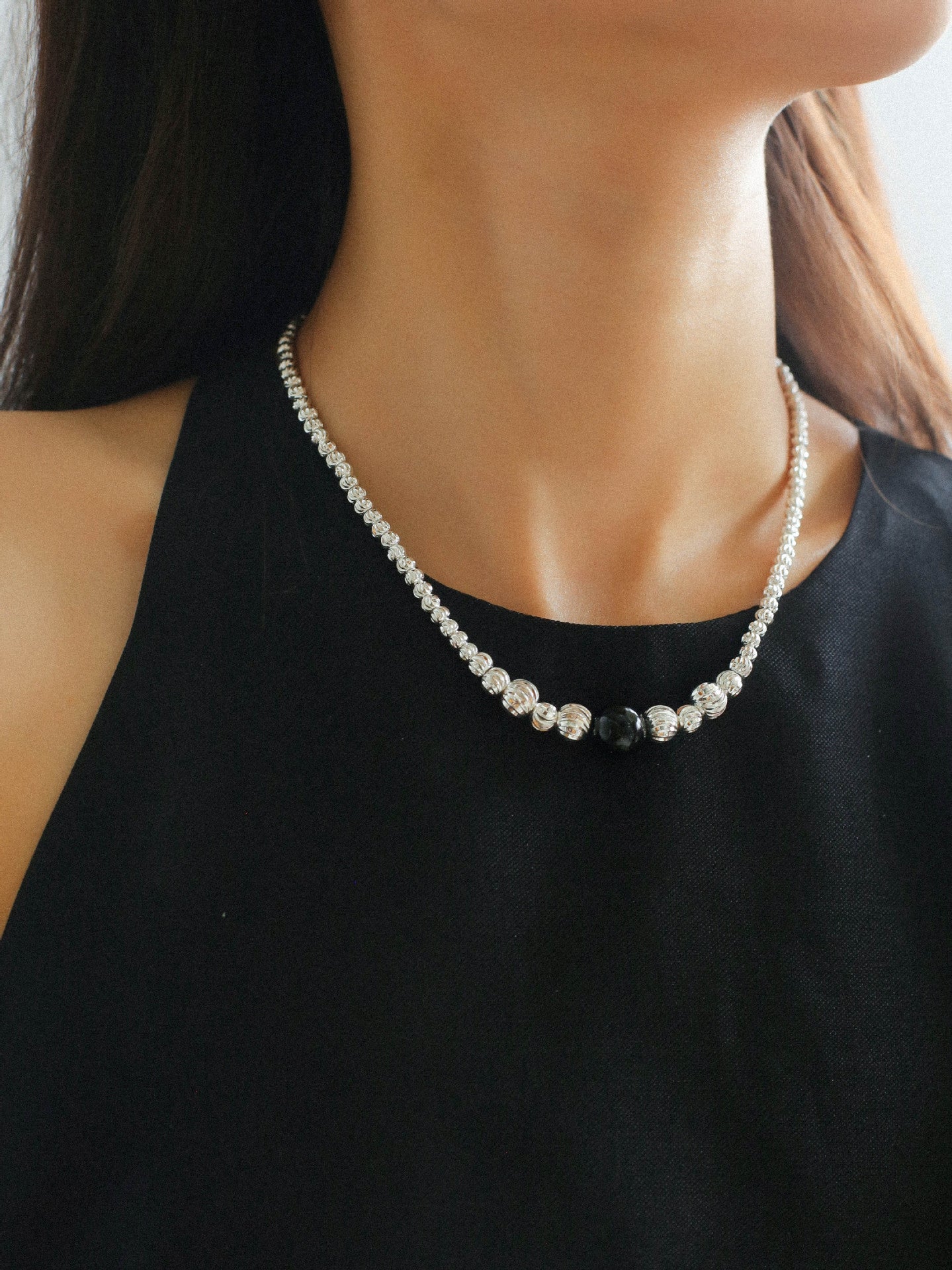 Graduated Silver Bean Red Black Agate Necklace-Gembea Jewelry