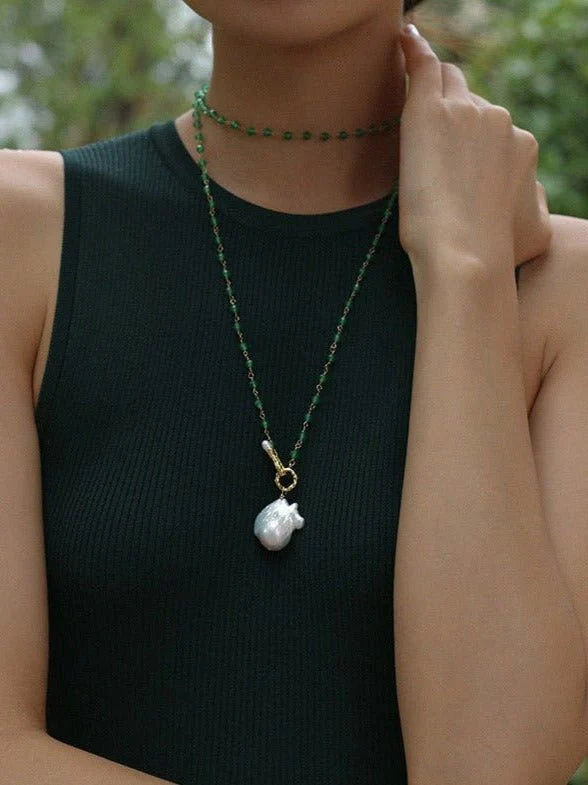 Baroque Pearl Green Agate Beaded Necklace-Gembea Jewelry