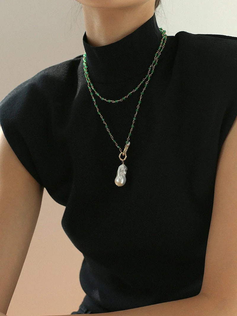 Baroque Pearl Green Agate Beaded Necklace-Gembea Jewelry
