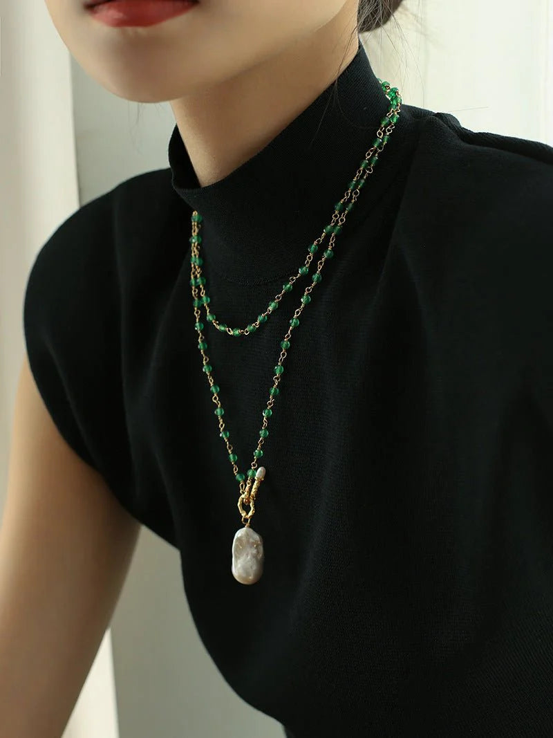 Baroque Pearl Green Agate Beaded Necklace-Gembea Jewelry