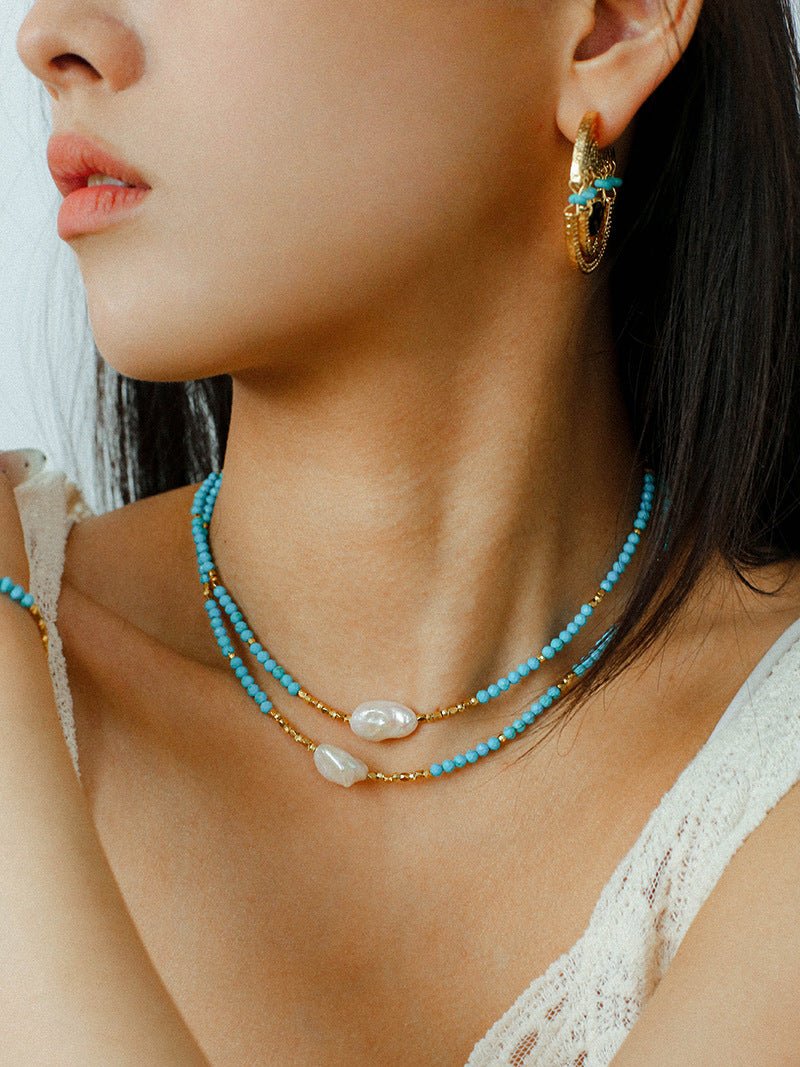 Long Turquoise Gold Bead Baroque Pearl Necklace gembea jewelry