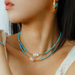 Long Turquoise Gold Bead Baroque Pearl Necklace gembea jewelry