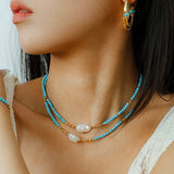 Long Turquoise Gold Bead Baroque Pearl Necklace gembea jewelry