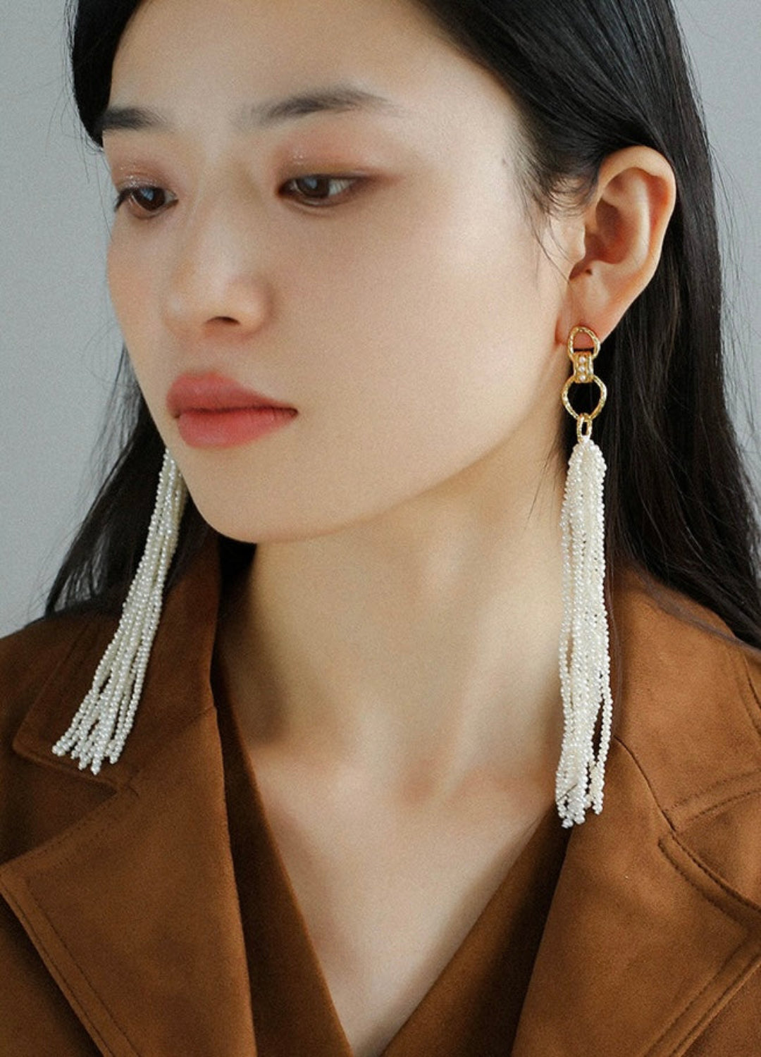 Natural Rice Pearl Long Tassel Earrings