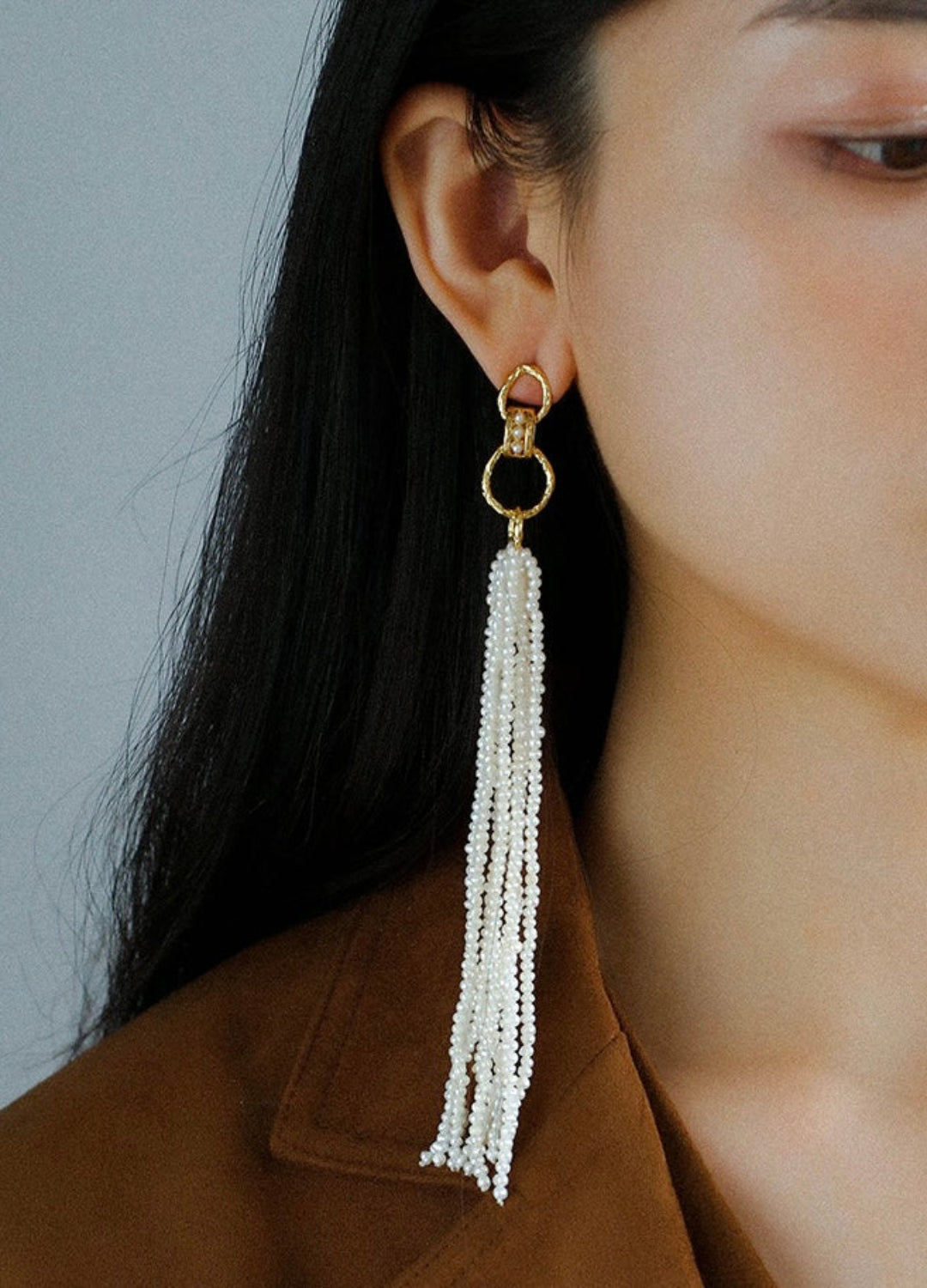 Natural Rice Pearl Long Tassel Earrings