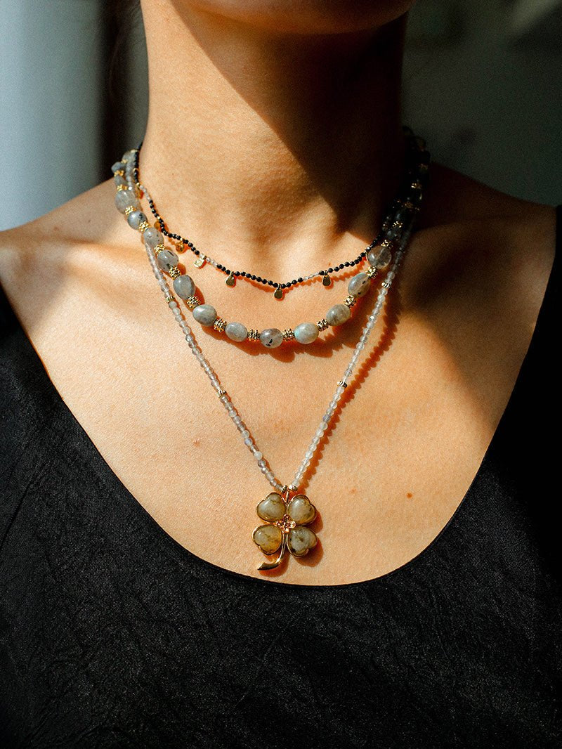 Lucky Four-leaf Clover Labradorite Charm Necklace-Gembea Jewelry