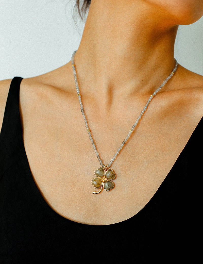 Lucky Four-leaf Clover Labradorite Charm Necklace-Gembea Jewelry