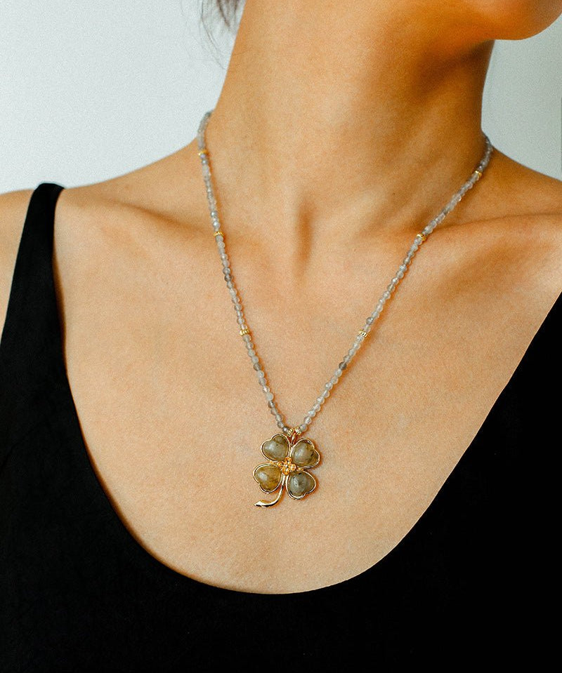 Lucky Four-leaf Clover Labradorite Charm Necklace-Gembea Jewelry