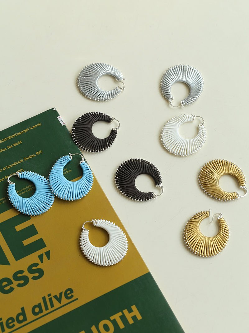 Minimalist Woven Leather Hoop Earrings-Gembea Jewelry