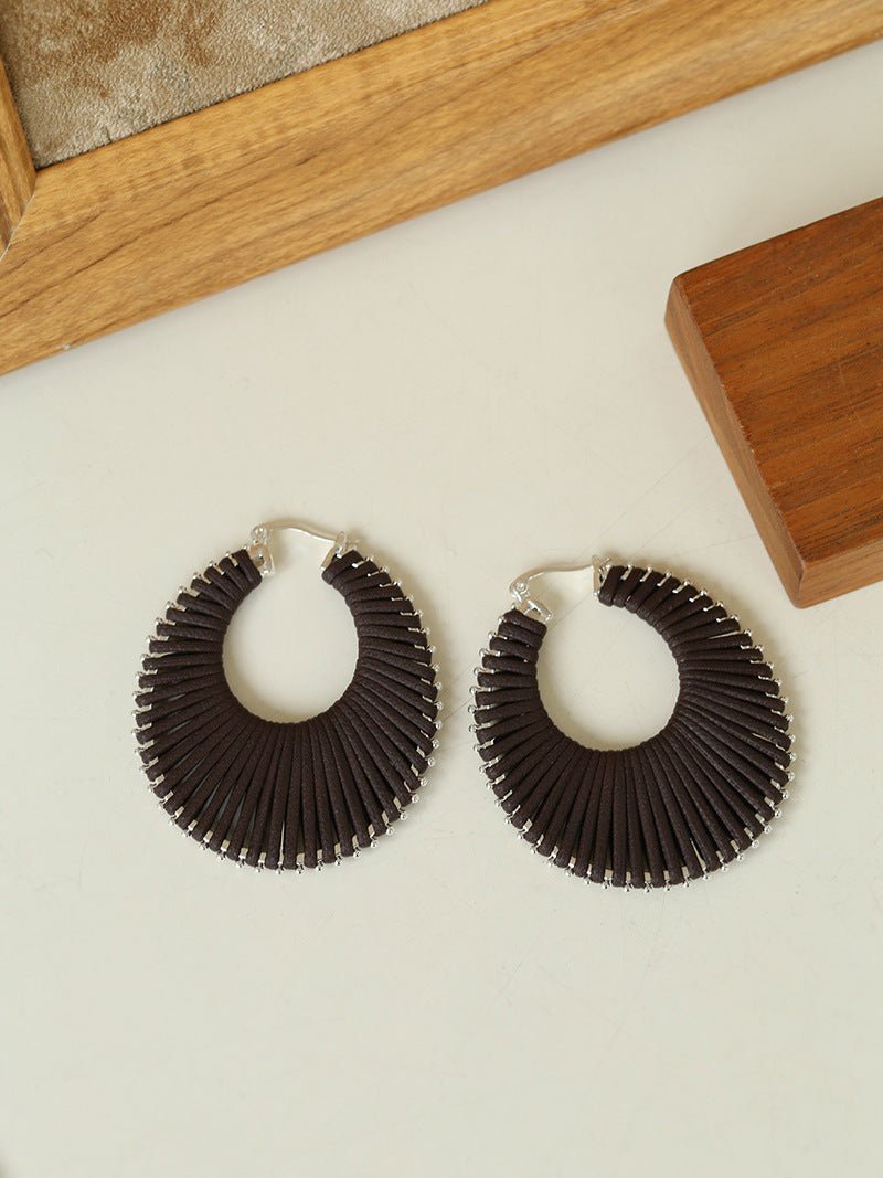 Minimalist Woven Leather Hoop Earrings-Gembea Jewelry
