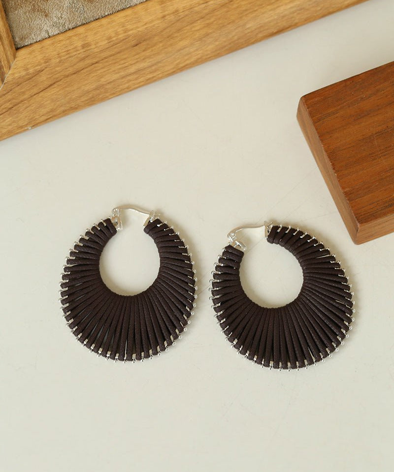 Minimalist Woven Leather Hoop Earrings-Gembea Jewelry