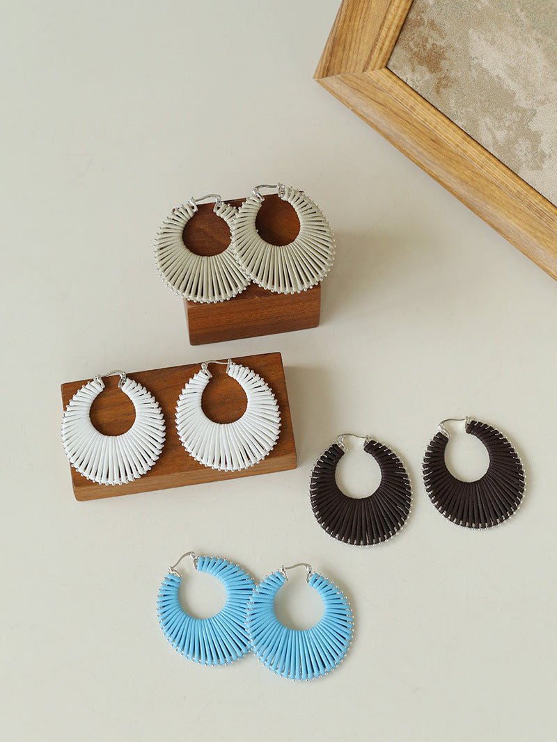 Minimalist Woven Leather Hoop Earrings-Gembea Jewelry