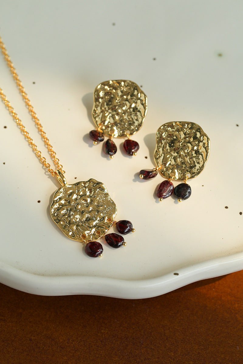Molten Textured Metal Garnet Moss Agate Pendant Necklace gembea jewelry