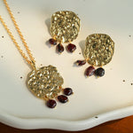 Molten Textured Metal Garnet Moss Agate Pendant Necklace gembea jewelry