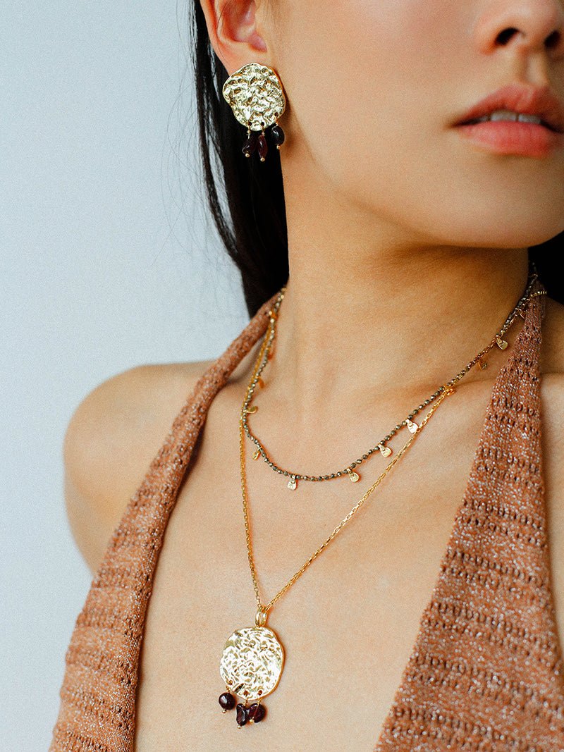 Molten Textured Metal Garnet Moss Agate Pendant Necklace gembea jewelry