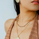 Molten Textured Metal Garnet Moss Agate Pendant Necklace gembea jewelry
