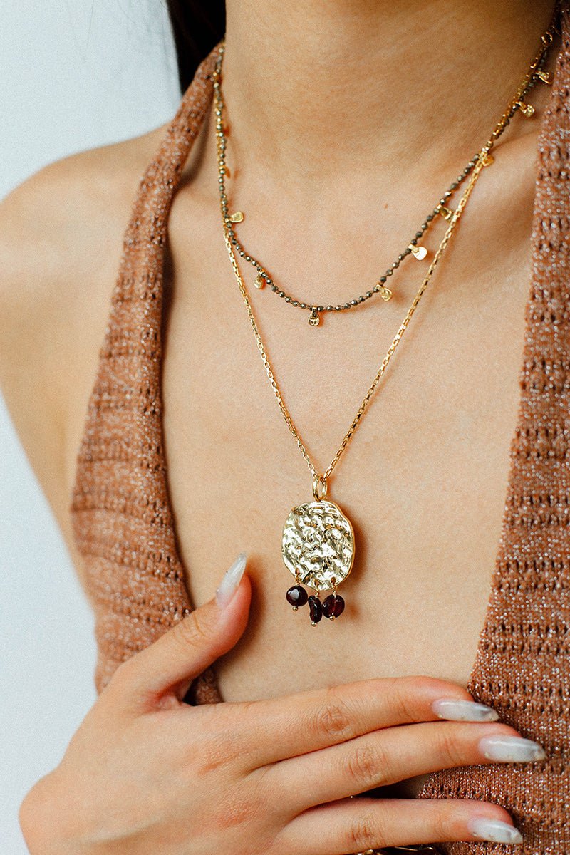 Molten Textured Metal Garnet Moss Agate Pendant Necklace gembea jewelry