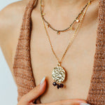 Molten Textured Metal Garnet Moss Agate Pendant Necklace gembea jewelry