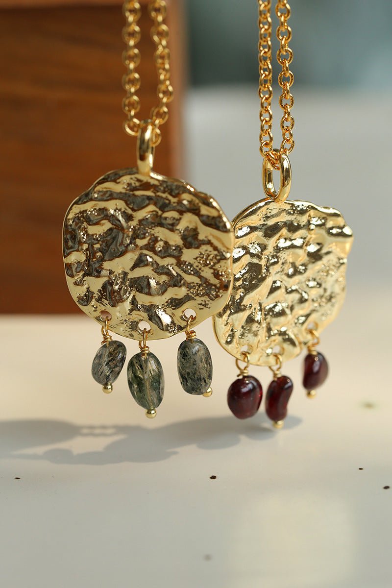 Molten Textured Metal Garnet Moss Agate Pendant Necklace gembea jewelry