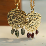 Molten Textured Metal Garnet Moss Agate Pendant Necklace gembea jewelry