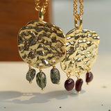 Molten Textured Metal Garnet Moss Agate Pendant Necklace gembea jewelry
