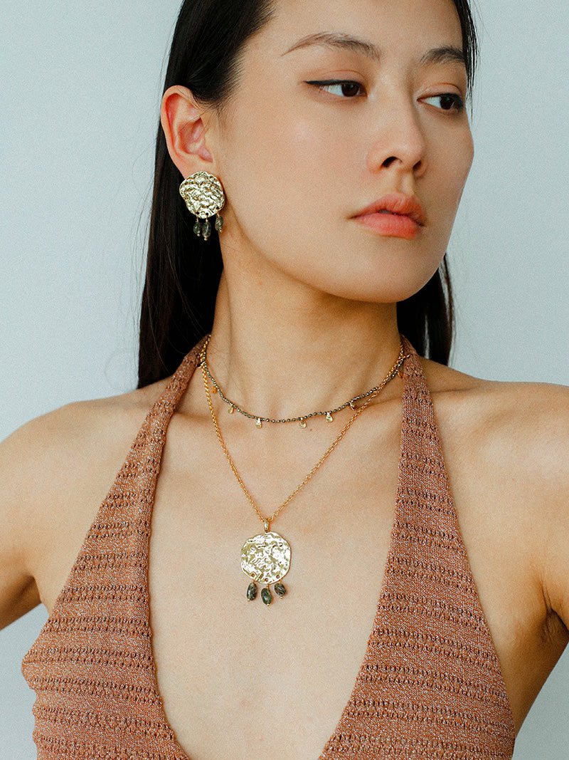Molten Textured Metal Garnet Moss Agate Pendant Necklace gembea jewelry