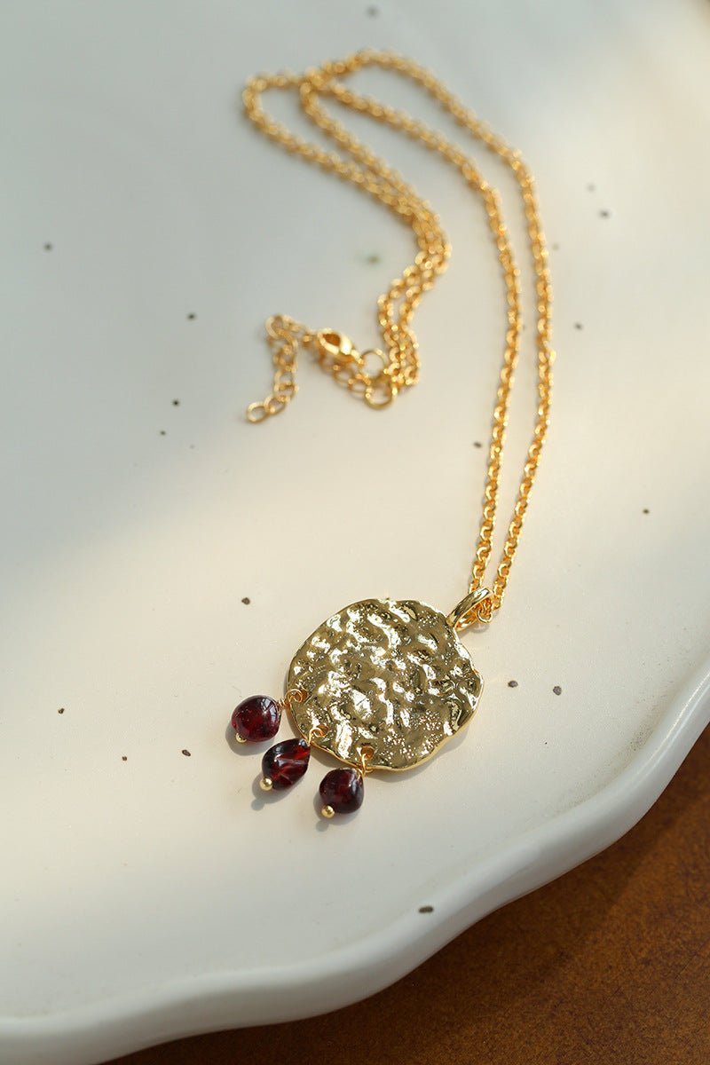 Molten Textured Metal Garnet Moss Agate Pendant Necklace gembea jewelry