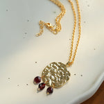 Molten Textured Metal Garnet Moss Agate Pendant Necklace gembea jewelry