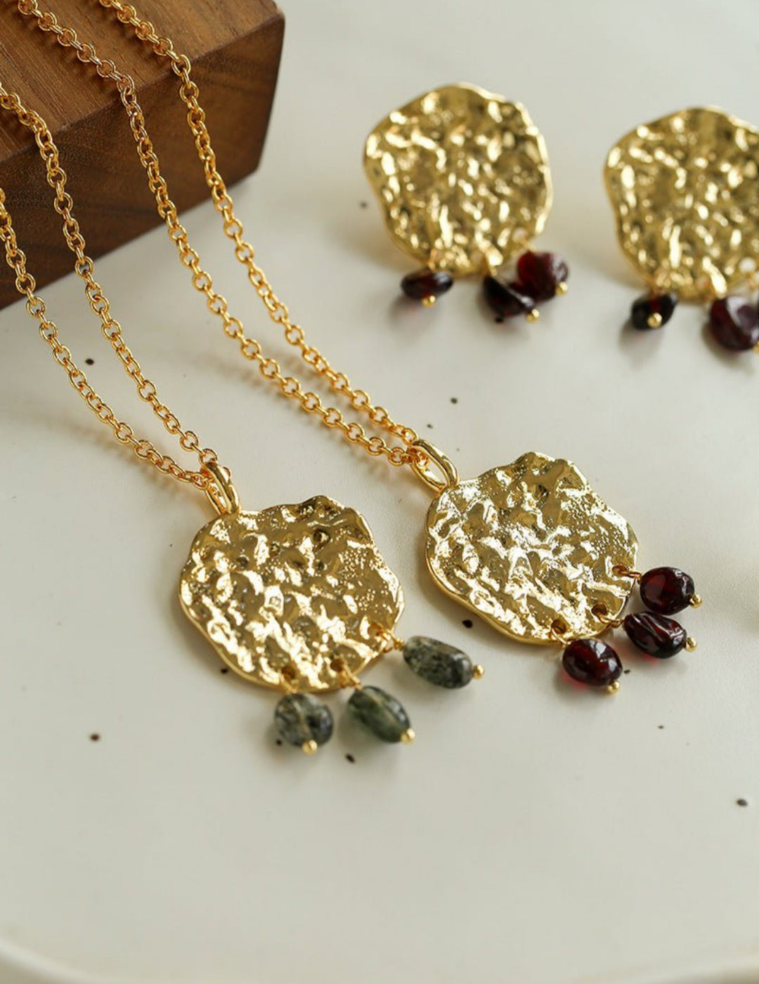 Molten Textured Metal Garnet Moss Agate Pendant Necklace gembea jewelry